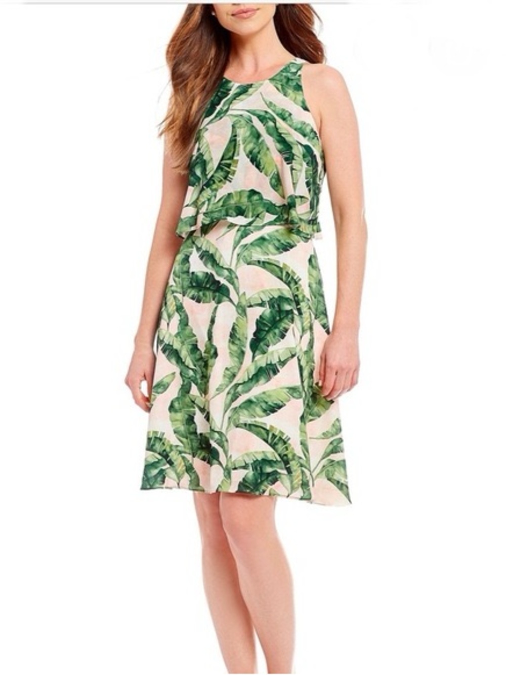 Alex Marie Thea Rose Tropical Palm Leaf Print Sleeveless Dress Green Pink Size 4